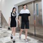 Couple Matching Two-tone Mini A-line Dress / T-shirt / Shorts / Set