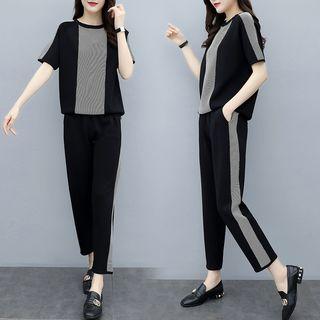 Set: Short-sleeve Diagonal Striped Knit Top + Drawstring Waist Pants