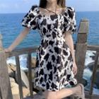 Puff-sleeve Milk Cow Print Mini A-line Dress