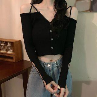 Long-sleeve Cold-shoulder Button-up Knit Crop Top