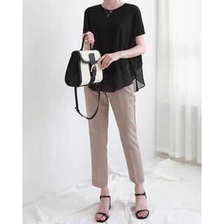 Raglan-shoulder Short-sleeve Chiffon-overlay T-shirt