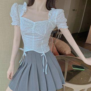 Ruffle Trim Short-sleeve Eyelet Cropped Blouse