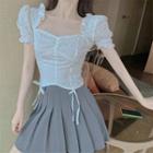 Ruffle Trim Short-sleeve Eyelet Cropped Blouse