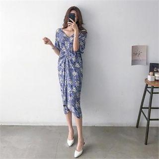 V-neck Shirred Floral Midi Dress