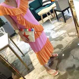 Pleated-trim Color-block Dress