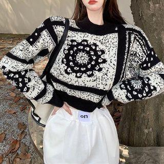 Flower Print Cropped Sweater Flower Print - Black & White - One Size