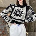 Flower Print Cropped Sweater Flower Print - Black & White - One Size