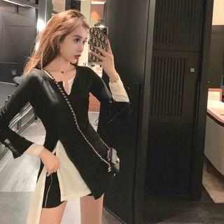 Color-block Mock-two Long-sleeve Slim-fit Top / Plain Shorts
