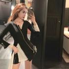 Color-block Mock-two Long-sleeve Slim-fit Top / Plain Shorts