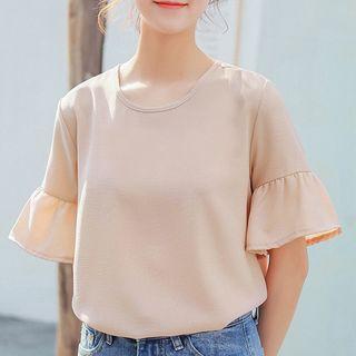 Plain Frilled Short-sleeve Chiffon Top