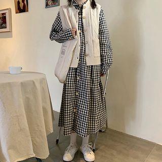 Checked Long-sleeve Midi Shirtdress / Cable-knit Vest