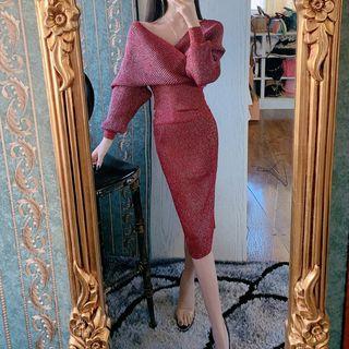 Set: V-neck Sweater + Pencil Midi Knit Skirt