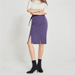 Slit-front Stipe H-line Skirt With Belt