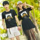 Couple Matching Printed Short-sleeve T-shirt / T-shirt Dress / Mesh Midi Skirt / Set