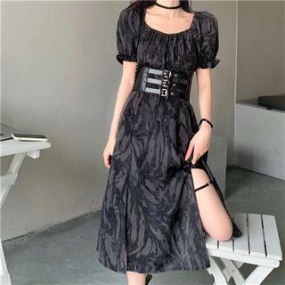 Puff-sleeve Print Midi A-line Dress / Asymmetrical A-line Skirt / Buckled Waist Belt