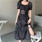 Puff-sleeve Print Midi A-line Dress / Asymmetrical A-line Skirt / Buckled Waist Belt