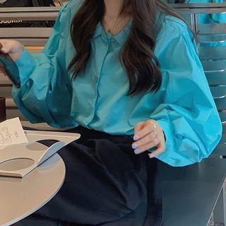 Long-sleeve Plain Shirt Shirt - Blue - One Size