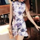 Sleeveless Floral Print Mini Bodycon Qipao Dress