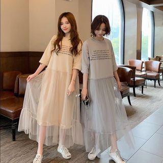 Short-sleeve Lettering Maxi Mesh Dress
