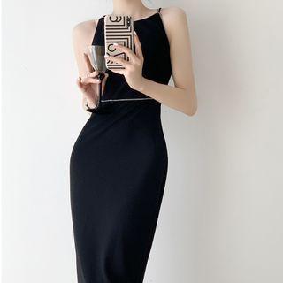 Sleeveless Rhinestone Trim Midi Sheath Dress