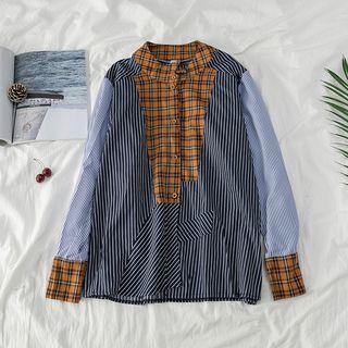 Stand Collar Plaid Stripe Panel Button-down Shirt