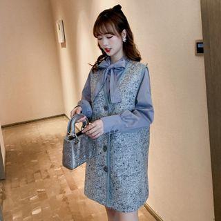 Set: Long-sleeve Tie-neck Shirt + Mini Tweed Pinafore Dress