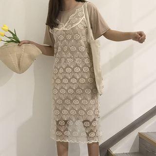 Set: Short-sleeve T-shirt Dress + Strappy Lace Dress