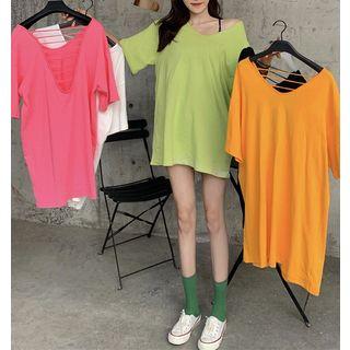 Open Back Strappy Elbow-sleeve T-shirt