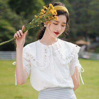 Short-sleeve Eyelet Lace Wide-collar Shirt White - One Size