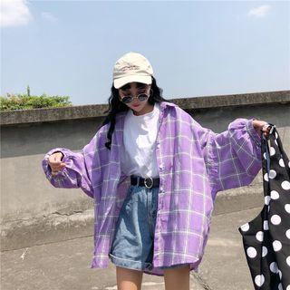 Batwing Oversized Plaid Shirt Plaid - Purple - One Size