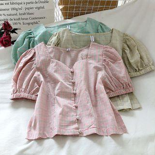 Plaid Square Neck Puff-sleeve Blouse