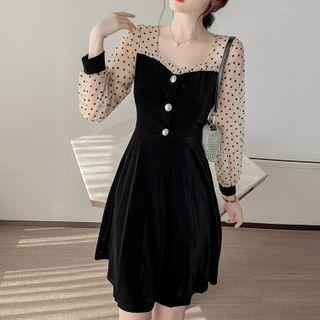 Puff-sleeve Dotted Mesh Panel Velvet Dress