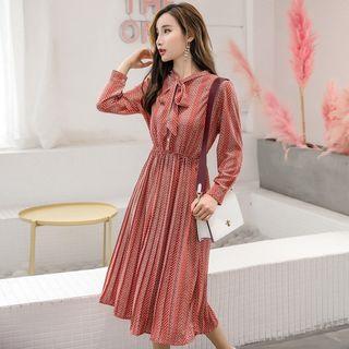 Long-sleeve Printed Tie-neck Midi A-line Dress