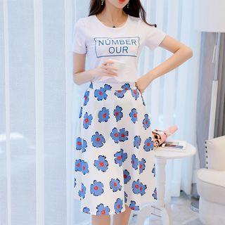 Set: Lettering Short-sleeve T-shirt + Floral Print A-line Midi Skirt