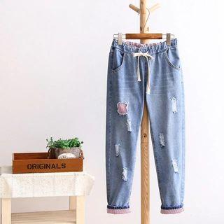 Distressed Drawstring Straight-cut Jeans