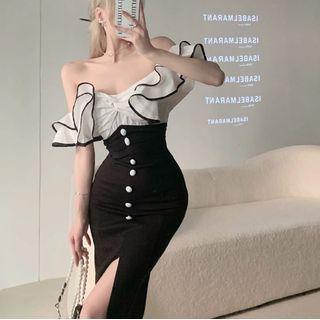 Ruffle Trim Off Shoulder Midi Sheath Dress