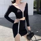 Set: Contrast Trim Zip-up Knit Crop Top + Mini Skirt