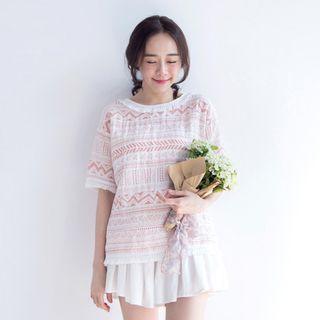 Short-sleeve Fringe-trim Printed Top