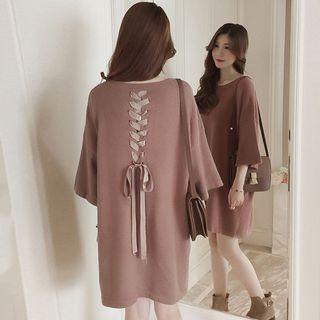 3/4-sleeve Lace-up Knit Mini Dress