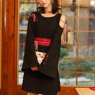 Goldfish Print Tassel-detail Cold-shoulder Dress