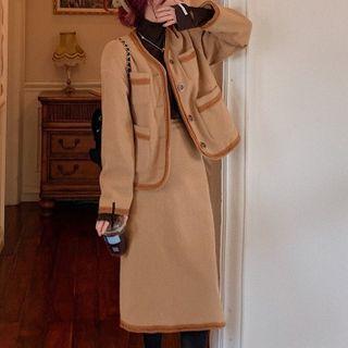 Contrast Trim Button Jacket / A-line Midi Skirt