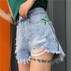 Palm Tree Embroidered Ripped Denim Shorts