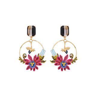 Fashion And Elegant Plated Gold Enamel Flower Bee Circle Earrings With Cubic Zirconia Golden - One Size