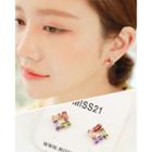 Rhinestone Square Ear Studs Pink Gold - One Size