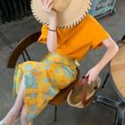 Set: Elbow-sleeve T-shirt + Printed Midi A-line Skirt