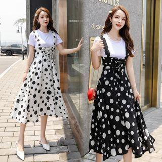 Set: Short-sleeve Plain T-shirt + Dotted Lace Up Midi Overall Dress