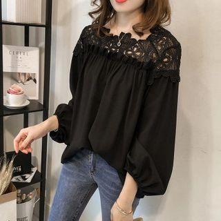 Crochet Lace Panel Long-sleeve Chiffon Blouse