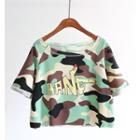 Lettering Camo Cropped Short Sleeve T-shirt