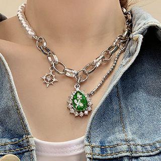 Rhinestone Floral Necklace Silver & Green - One Size