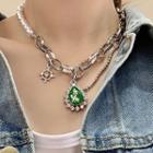 Rhinestone Floral Necklace Silver & Green - One Size